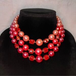 Vintage Japan 3 Strand Pink Beaded Necklace